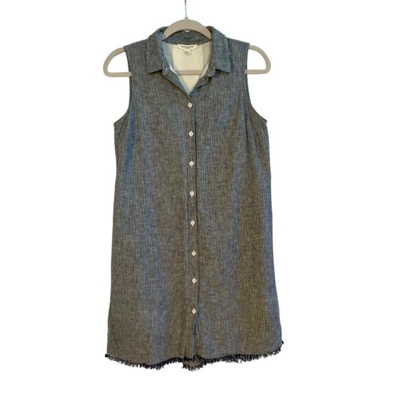 Beach Lunch Lounge Linen Zena Striped Shirt Dress Sz S Sleeveless Blue Lined - Picture 15 of 15